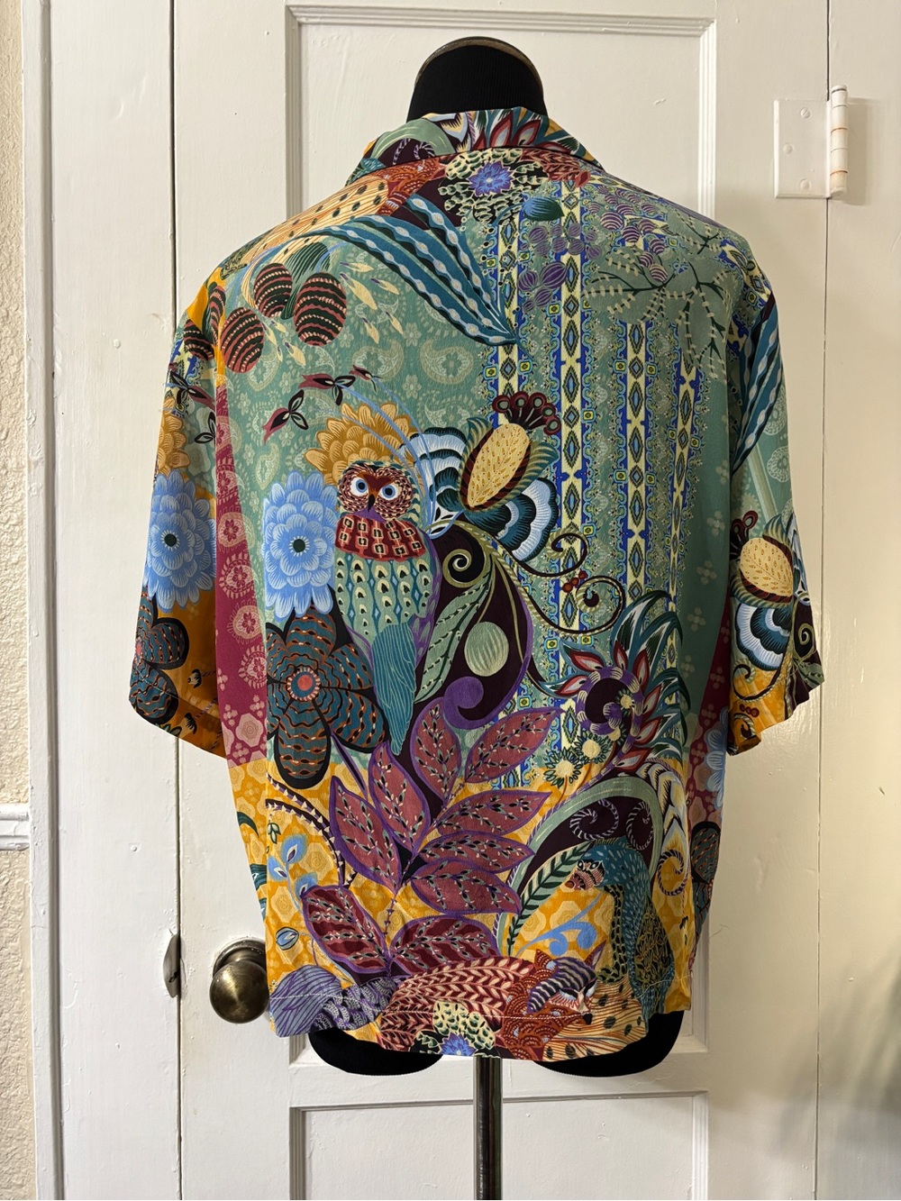 Johnny Was Vibrant Silk Patchwork & Owl Print Blouse - Picture 13 of 15
